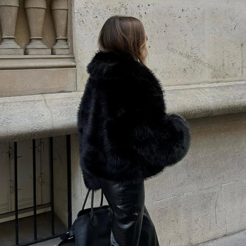 Street Fashion Shawl Collar Faux Fox Fur Coat Women  Winter Cool Girls Black Short Fur Jacket Vintage Chic Overcoat