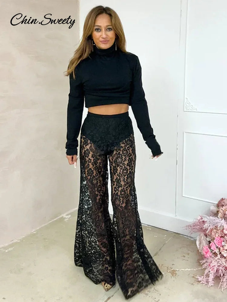 Sexy Lace Sheer Flare Pant Women Hollow Out Lady Vacation Long Trousers Female 2025 Spring Elastic High Waist Streetwear New