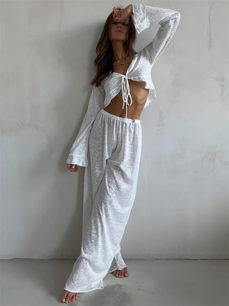 Conjunto informal de dos piezas para mujer, con cuello en V, manga larga con cordones y pantalones de cintura alta.