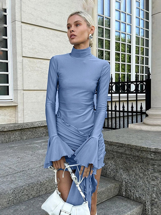 Autumn New Flare Sleeve Sexy Bodycon Dress For Women Edible Tree Fungus Irregular Splice Gown Mini Dresses Solid Color