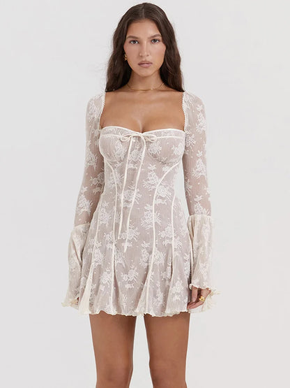 Vestido mini con estampado elegante para mujer, otoño invierno, nuevo, cuello cuadrado, manga larga, sin espalda, suelto, para fiesta en club, vestido sexy