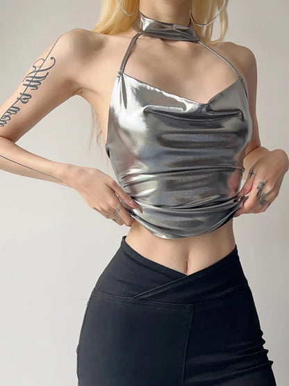 Top corto de moda de color liso para mujer, de una pieza, sexy, informal, con cordones, sin mangas, Y2k, con escote cuadrado y espalda descubierta