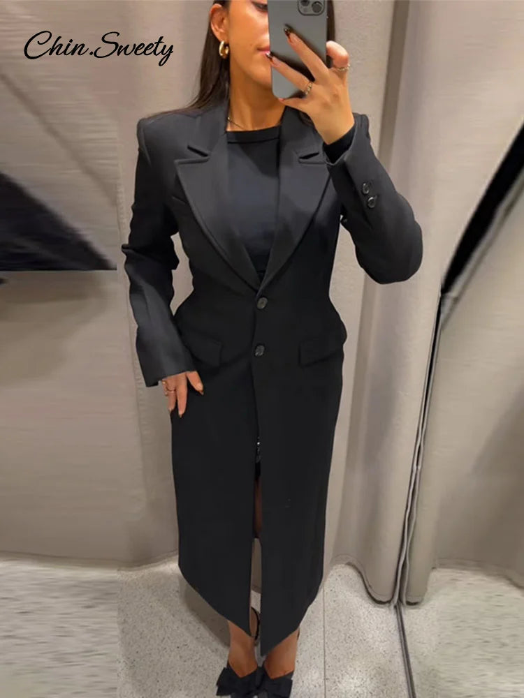 Vintage Lapel Black Long Overcoat Women Slim High Waist Full Sleeve Single Breasted Shoulder Pad Coat New Spring Commute Outwear