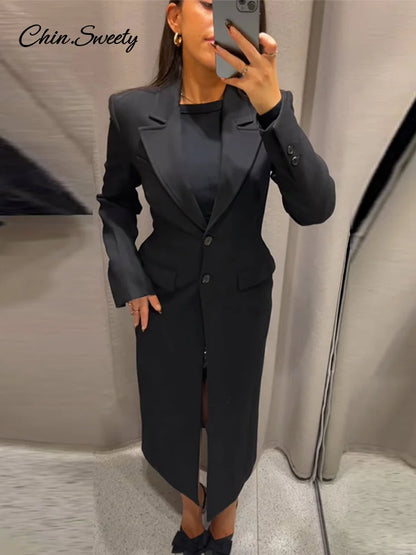 Vintage Lapel Black Long Overcoat Women Slim High Waist Full Sleeve Single Breasted Shoulder Pad Coat New Spring Commute Outwear