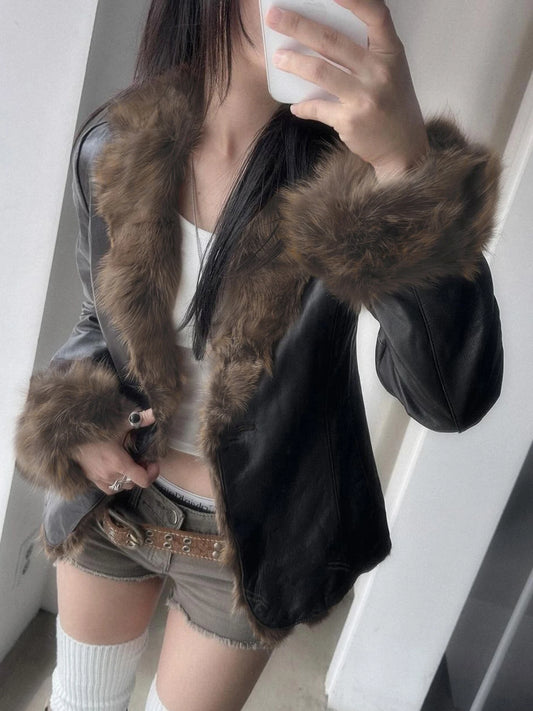 Abrigo de cuero de otoño para mujer, abrigo elegante ajustado con botones y ribete falso de manga larga