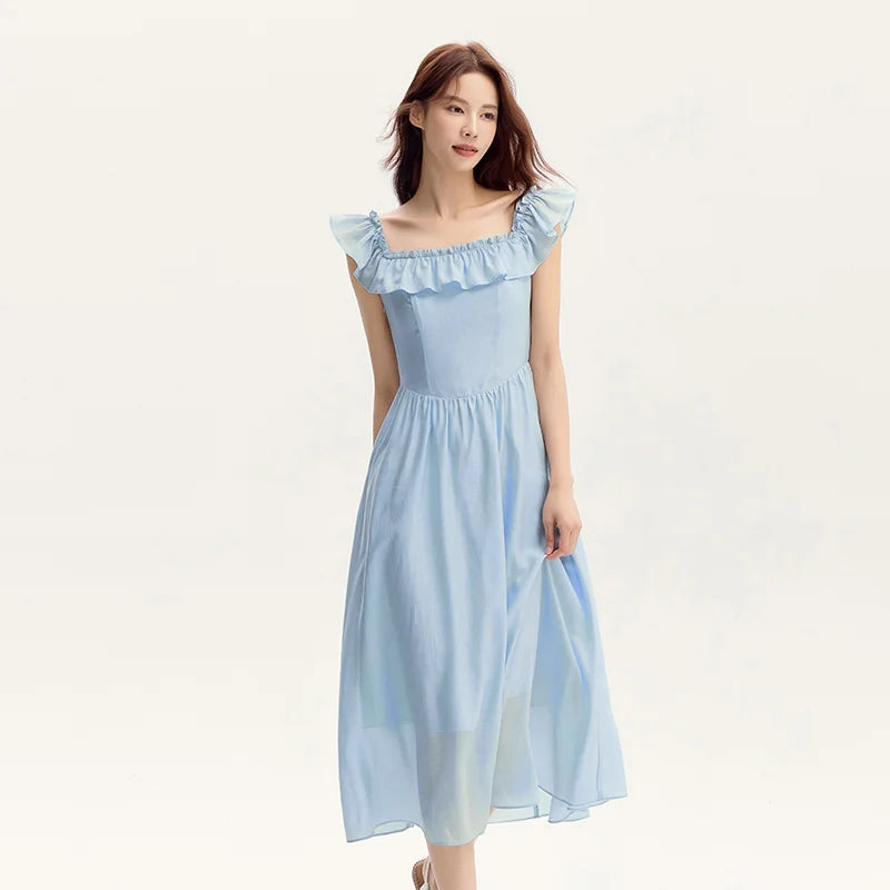 Bodycon Dress Women Slim Fit With Ruffled Hem  Summer New Short Flutter Sleeves And Gentle Mid-Length Dress
