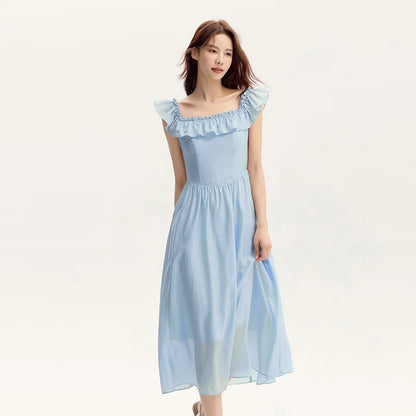 Bodycon Dress Women Slim Fit With Ruffled Hem  Summer New Short Flutter Sleeves And Gentle Mid-Length Dress