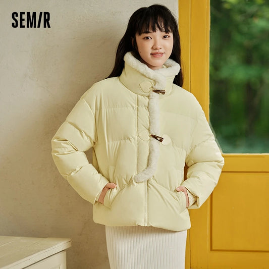 Chaqueta de plumón para mujer, impermeable, holgada, suave, de invierno, nueva, con imitación literaria de piel de conejo, con botones de cuerno, resistente al viento