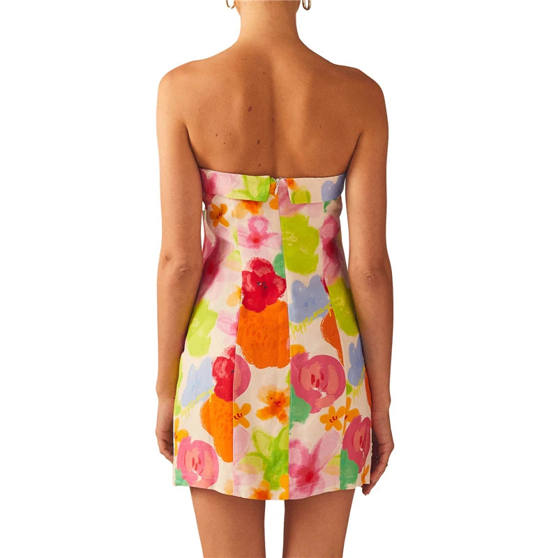 Vestido estético Y2K para mujer, con estampado floral, hombros descubiertos, sin tirantes, sin mangas, minivestido para salir, fiesta, clubwear