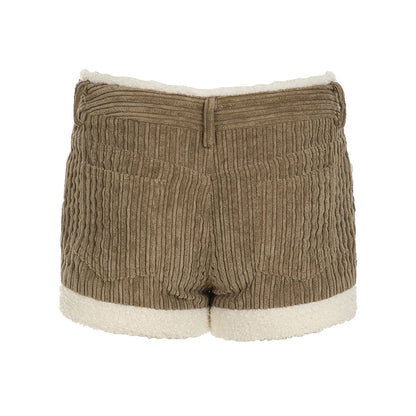 Pantalones cortos de pana para mujer, de moda, de otoño, sencillos, con ribete de piel sintética y diseño empalmado.
