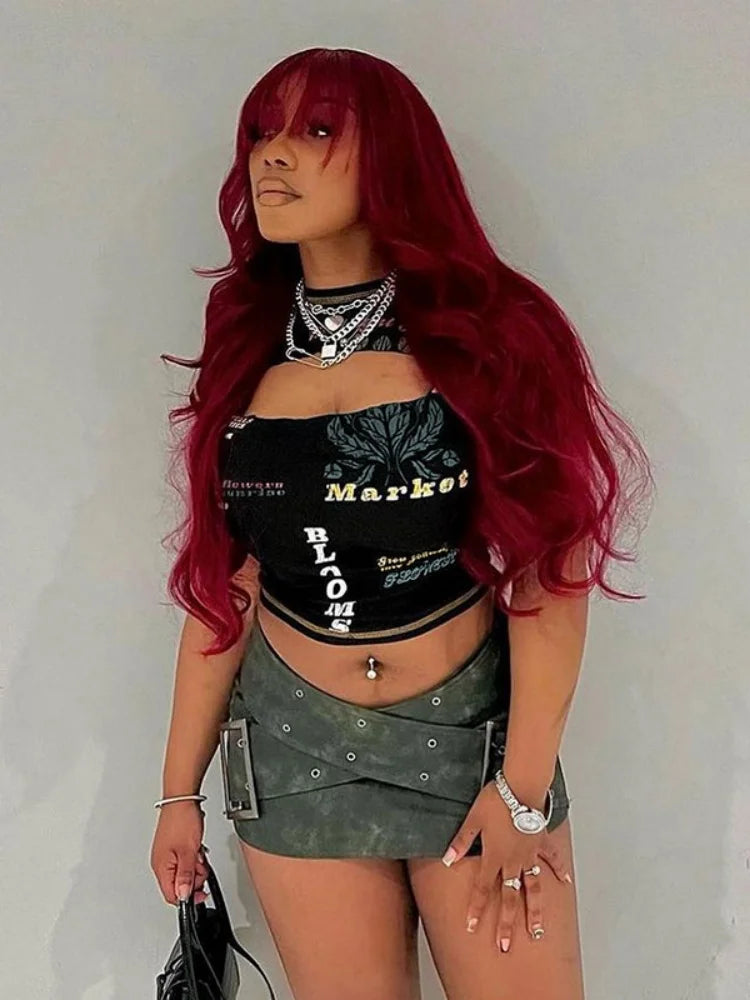 Top corto calado para mujer, cuello redondo, ropa estética, letras estampadas, accesorios Y2k, manga corta, ropa femenina, estilosas de verano