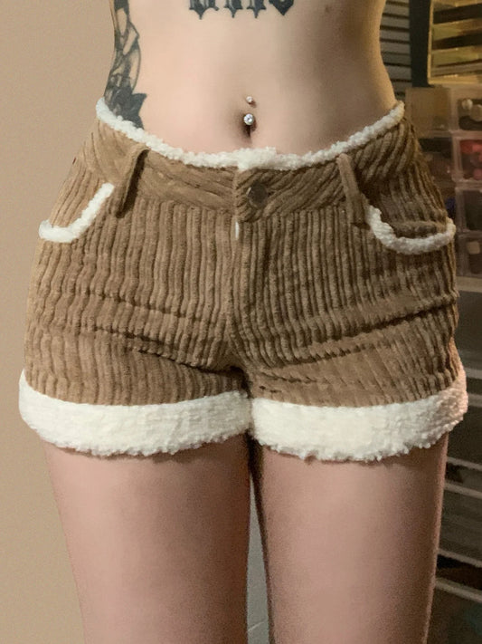 Pantalones cortos de pana para mujer, de moda, de otoño, sencillos, con ribete de piel sintética y diseño empalmado.