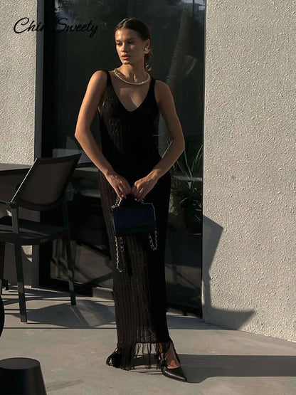 Vestido largo blanco de punto con borlas para mujer, sexy, con escote en V, sin mangas y espalda descubierta, para playa, verano 2025