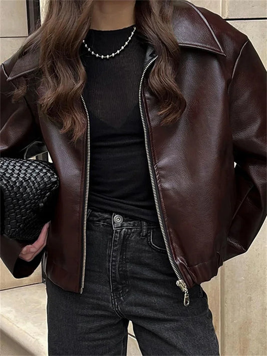 Abrigo holgado de PU para mujer de High Street, informal, con cremallera, ajustado, de cintura alta, de manga larga, con retazos, ropa de moda para mujer, prendas de vestir de otoño