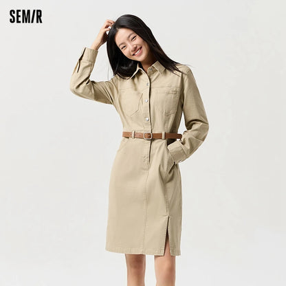 Dress Women Slit Lapel Vintage 2025 Spring New Waist-cinching Workwear Dress