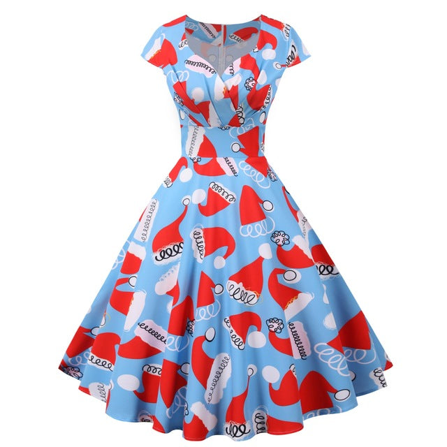 2025 Christmas Festival Dress Up Party Dresses Women Fashion Print Folds V-neck A-line Dress Lady Vintage Commuting Vestidos New