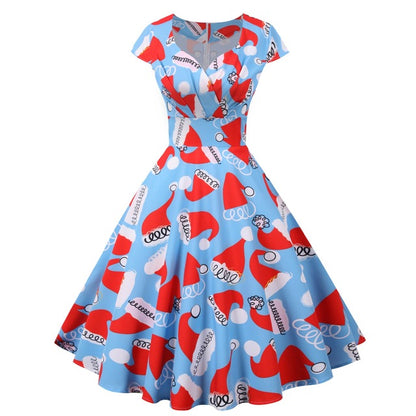 2025 Christmas Festival Dress Up Party Dresses Women Fashion Print Folds V-neck A-line Dress Lady Vintage Commuting Vestidos New