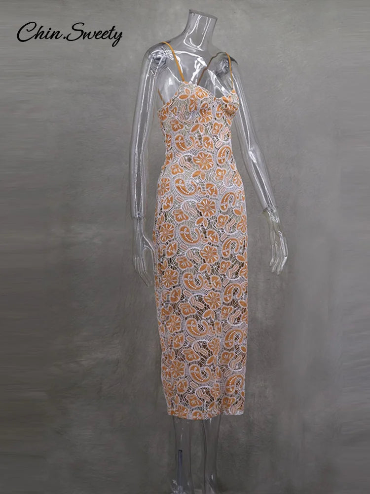 Sexy Embroidery Slip Midi Dress Women Backless Hollow Out Hip Package Zipper Dresses 2025 Spring Summer Lady Party Evening Gowns