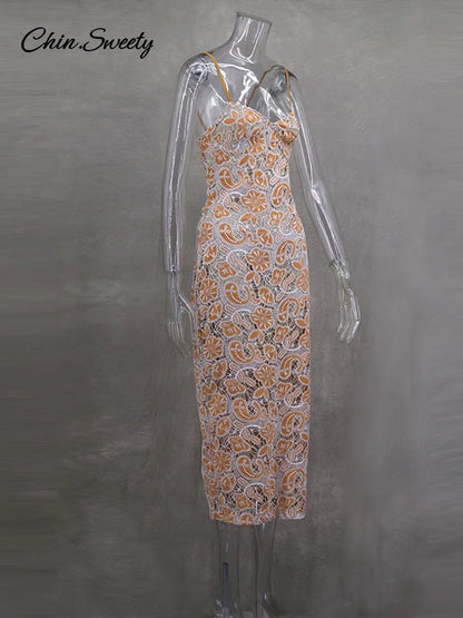 Sexy Embroidery Slip Midi Dress Women Backless Hollow Out Hip Package Zipper Dresses 2025 Spring Summer Lady Party Evening Gowns
