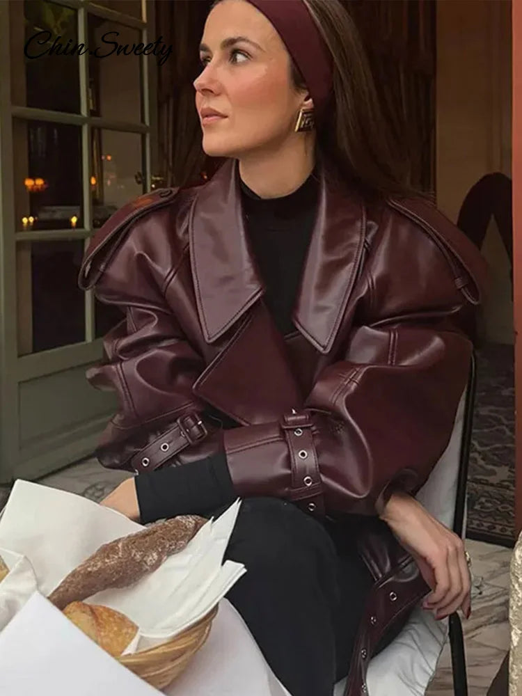 Chaqueta corta informal de cuero con cinturón y solapa, abrigo corto de manga larga, nueva moda para dama, ropa de calle para fiestas, nueva ropa exterior _