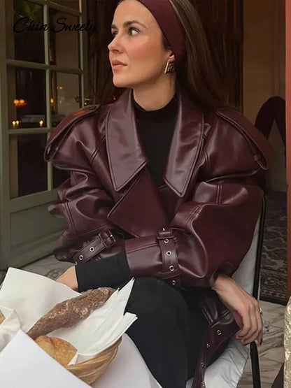 Chaqueta corta informal de cuero con cinturón y solapa, abrigo corto de manga larga, nueva moda para dama, ropa de calle para fiestas, nueva ropa exterior _
