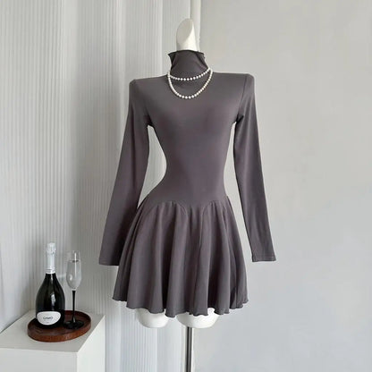 Autumn New Solid Mini Dresses Women Turtleneck Long Sleeve Ruffles A-line Casual Korean Fashion Female Clothing Vestidos Mujer