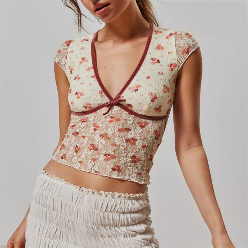 Floral Lace Sheer Crop Top y2k Aesthetic Women Sexy See Through V Neck Sleeveless Tanks Slim Fit Vest 2000s Clothing