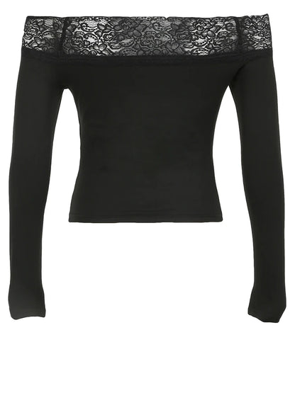 Camiseta negra Y2K ajustada con hombros descubiertos, manga larga, estampado grunge oscuro, ribete de encaje y cuello oblicuo para mujer