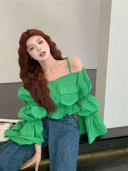 Blusa elegante juvenil con hombros descubiertos y corte bajo para mujer, diseño de diseñador, top corto con mangas abullonadas, volantes, camisas cortas con botones y bolsillos coreanos
