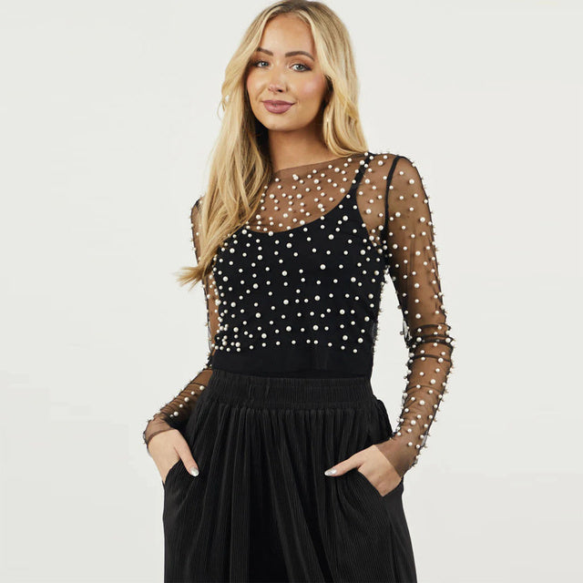 Camiseta transparente de malla de perla para mujer, blusa de manga larga a la moda, blusa sexy de verano con cuello en U para mujer