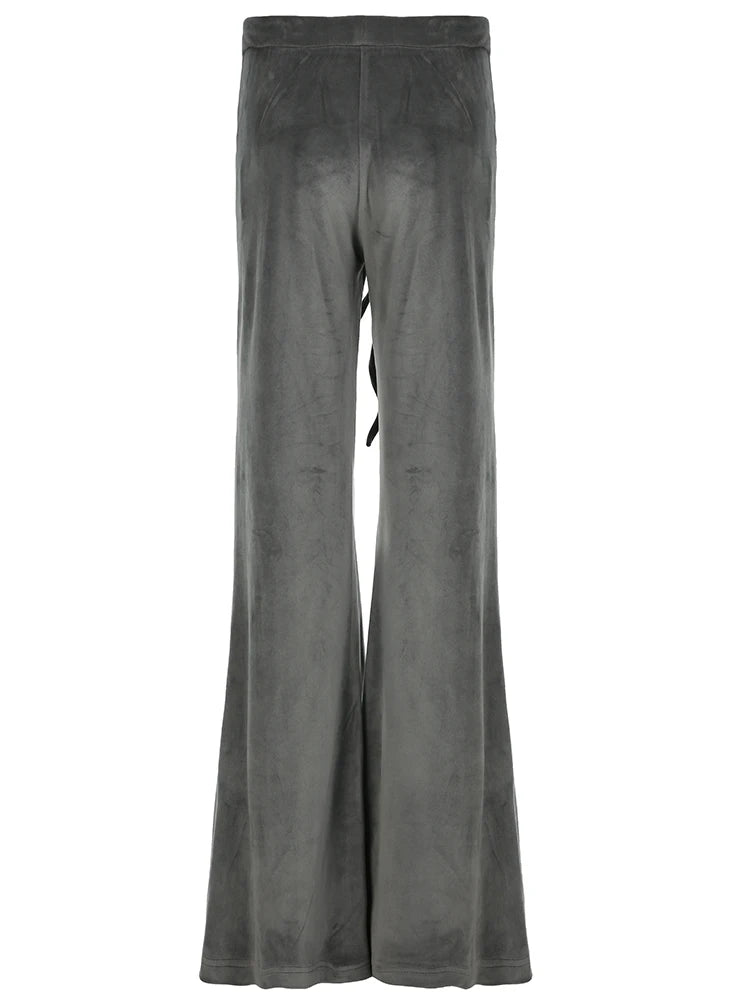 Pantalones acampanados de terciopelo de cintura baja estilo retro americano Y2K para mujer, con cordón ajustable en la cintura, con corazón y diamantes de imitación, bonitos pantalones casuales de calle