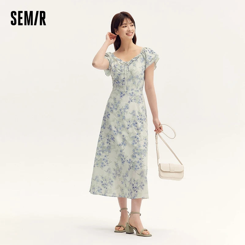 Dress Women Square Neckline Ruffled Trim And Short Flutter Sleeve  Summer New Fresh And Delicate Chiffon Floral Dress