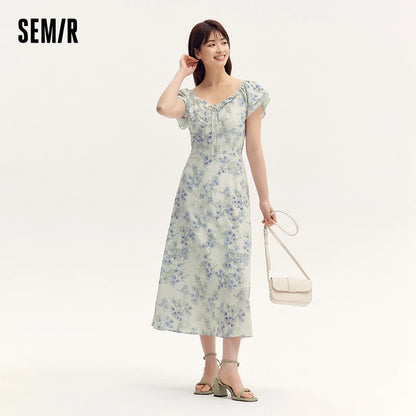 Dress Women Square Neckline Ruffled Trim And Short Flutter Sleeve  Summer New Fresh And Delicate Chiffon Floral Dress