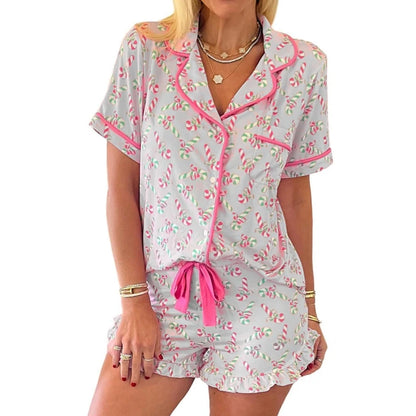 Pijama navideño bonito con estampado de bastón de caramelo y lazo, conjunto de pijama de manga corta con botones y pantalones cortos anudados de Navidad, conjunto de pijama de 2 piezas para mujer