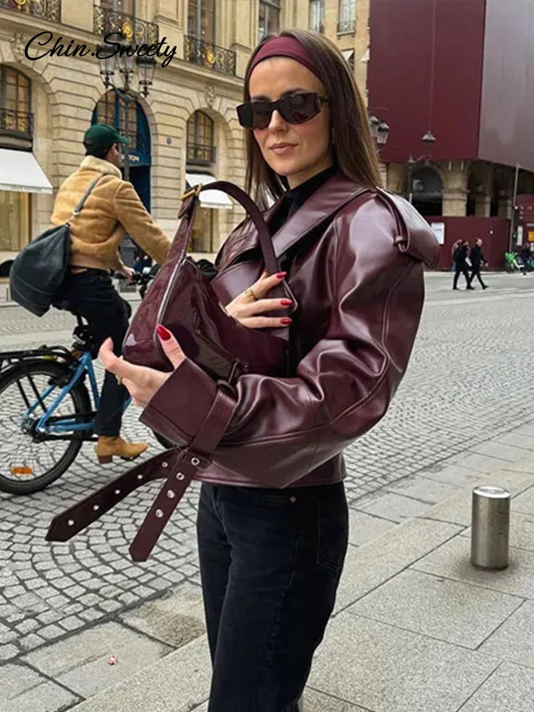 Chaqueta corta informal de cuero con cinturón y solapa, abrigo corto de manga larga, nueva moda para dama, ropa de calle para fiestas, nueva ropa exterior _