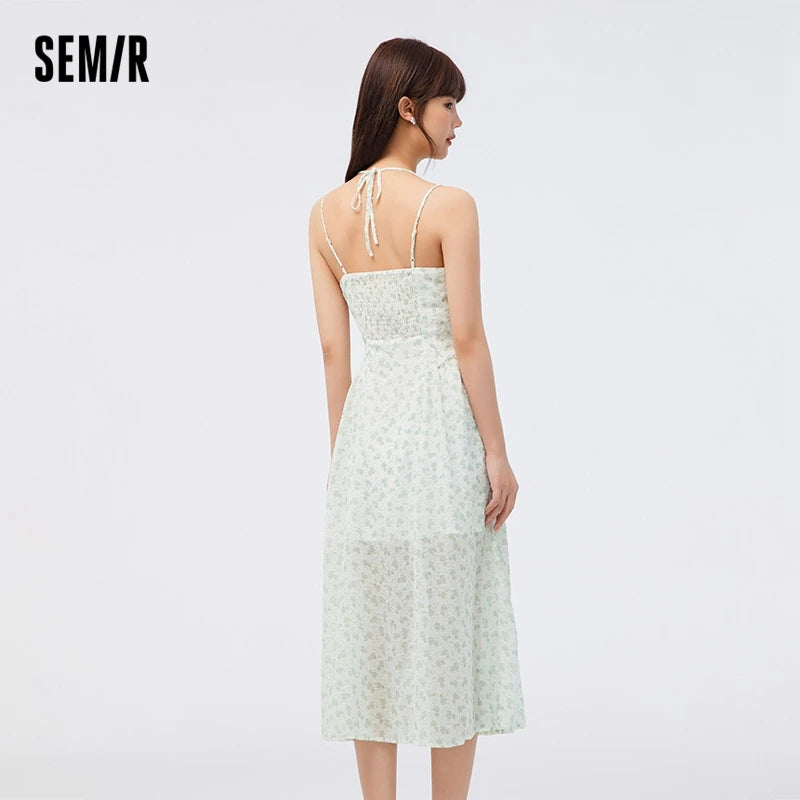 Vestido de mujer de gasa con tirantes altos y abertura, vestido de verano nuevo Sen Slim Fit con flores fragmentadas, suave