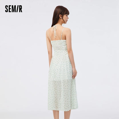 Vestido de mujer de gasa con tirantes altos y abertura, vestido de verano nuevo Sen Slim Fit con flores fragmentadas, suave
