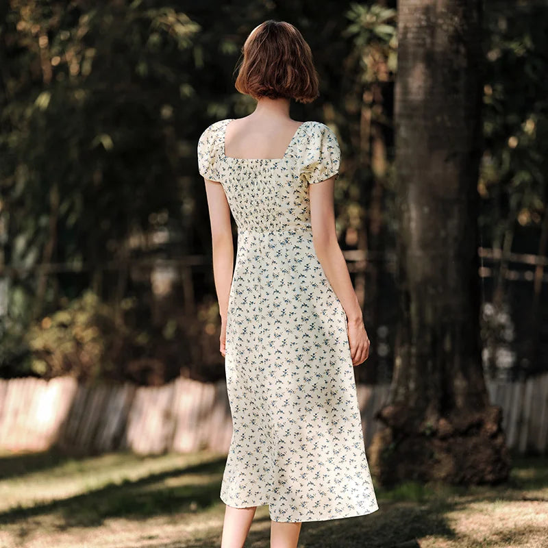 Dress Women Split Bubble Sleeve Medium Long Dress  Summer New Square Neck Chiffon Floral Dress Romantic Elegant