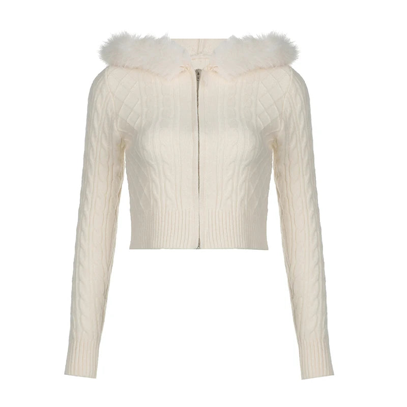 Suéter corto con capucha y cremallera para mujer, color blanco liso, ajustado, para otoño e invierno, nuevo, dulce, coqueto y esponjoso.
