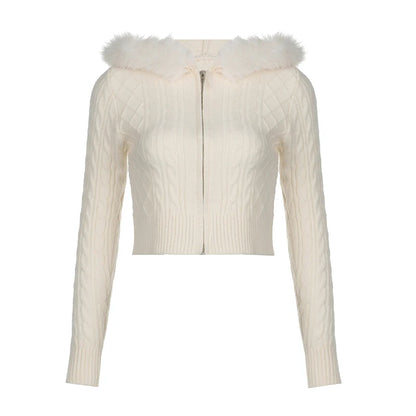 Suéter corto con capucha y cremallera para mujer, color blanco liso, ajustado, para otoño e invierno, nuevo, dulce, coqueto y esponjoso.