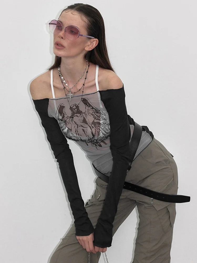 Fashion Knitted Mesh Character Print Graphic T Shirts Casual One-Piece Neckline Long Sleeve Women Clothes See-Through Y2k Top