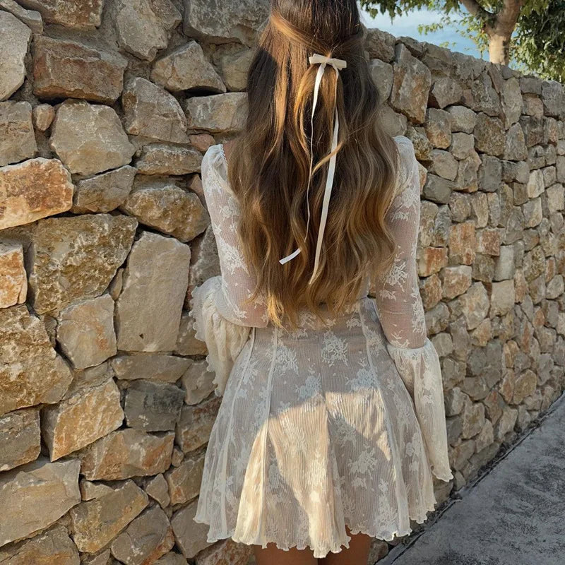 Vestido de manga larga con estampado de encaje envolvente en el pecho, estilo ballet, sexy y de puro deseo, con mangas acampanadas para mujeres europeas y americanas.