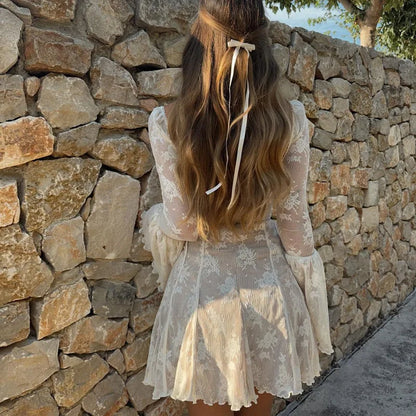 Vestido de manga larga con estampado de encaje envolvente en el pecho, estilo ballet, sexy y de puro deseo, con mangas acampanadas para mujeres europeas y americanas.