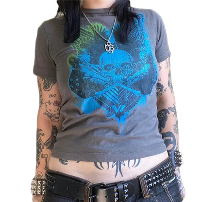 Camiseta Cyber Y2K de los años 2000 para mujer, con estampado de calavera, cuello redondo, manga corta, ropa estética para chicas E, ropa gótica para centro comercial, ropa urbana