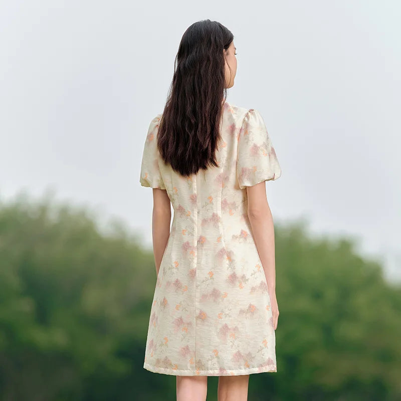 Dress Women Ink Painting Print Dress Bubble Sleeves Buttoned  Summer New Cheongsam Dress