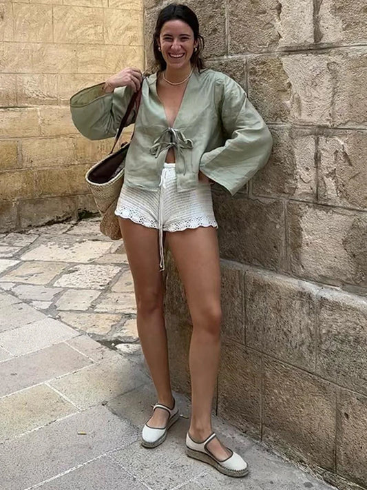 Blusa informal de manga larga con cuello en V y cordones para mujer, blusa elegante de calle para primavera y verano