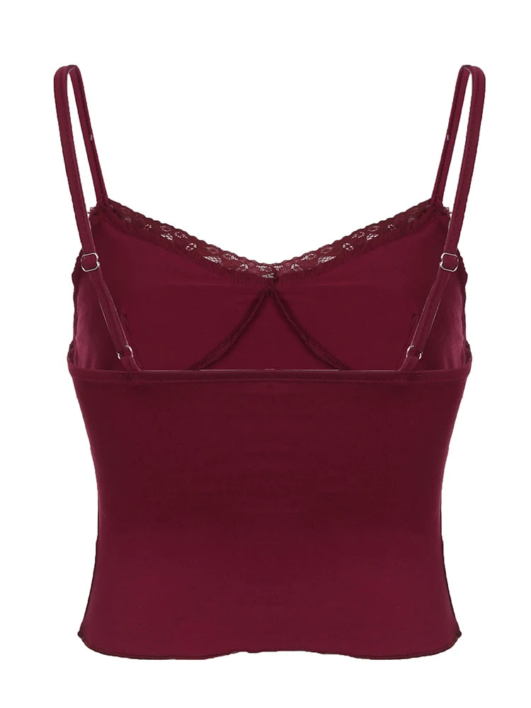 Camisola elegante vintage roja navideña con ribete de encaje y cuello en V con lazo sin mangas, top corto ajustado y bonito para mujer, ropa de calle Y2K