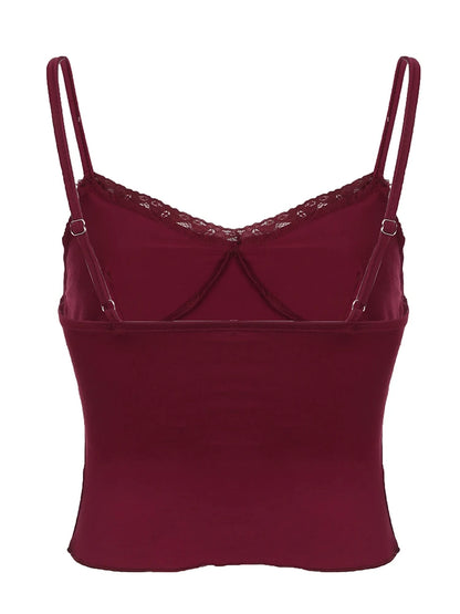 Camisola elegante vintage roja navideña con ribete de encaje y cuello en V con lazo sin mangas, top corto ajustado y bonito para mujer, ropa de calle Y2K