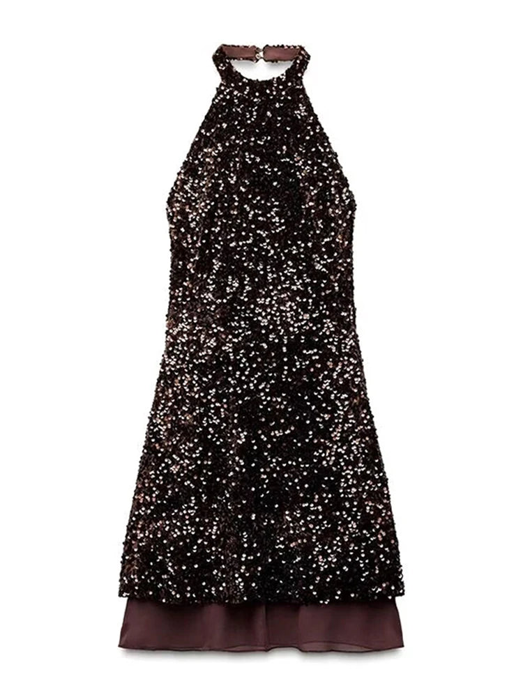2025 Sequined Halter Backless Mini Dress Women Sexy Off Shoulder A-line Party Evening Dresses Summer Lady Slim Glitter Vestidos