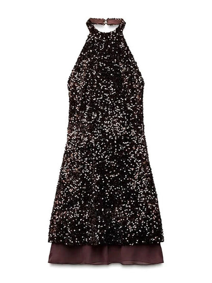 2025 Sequined Halter Backless Mini Dress Women Sexy Off Shoulder A-line Party Evening Dresses Summer Lady Slim Glitter Vestidos